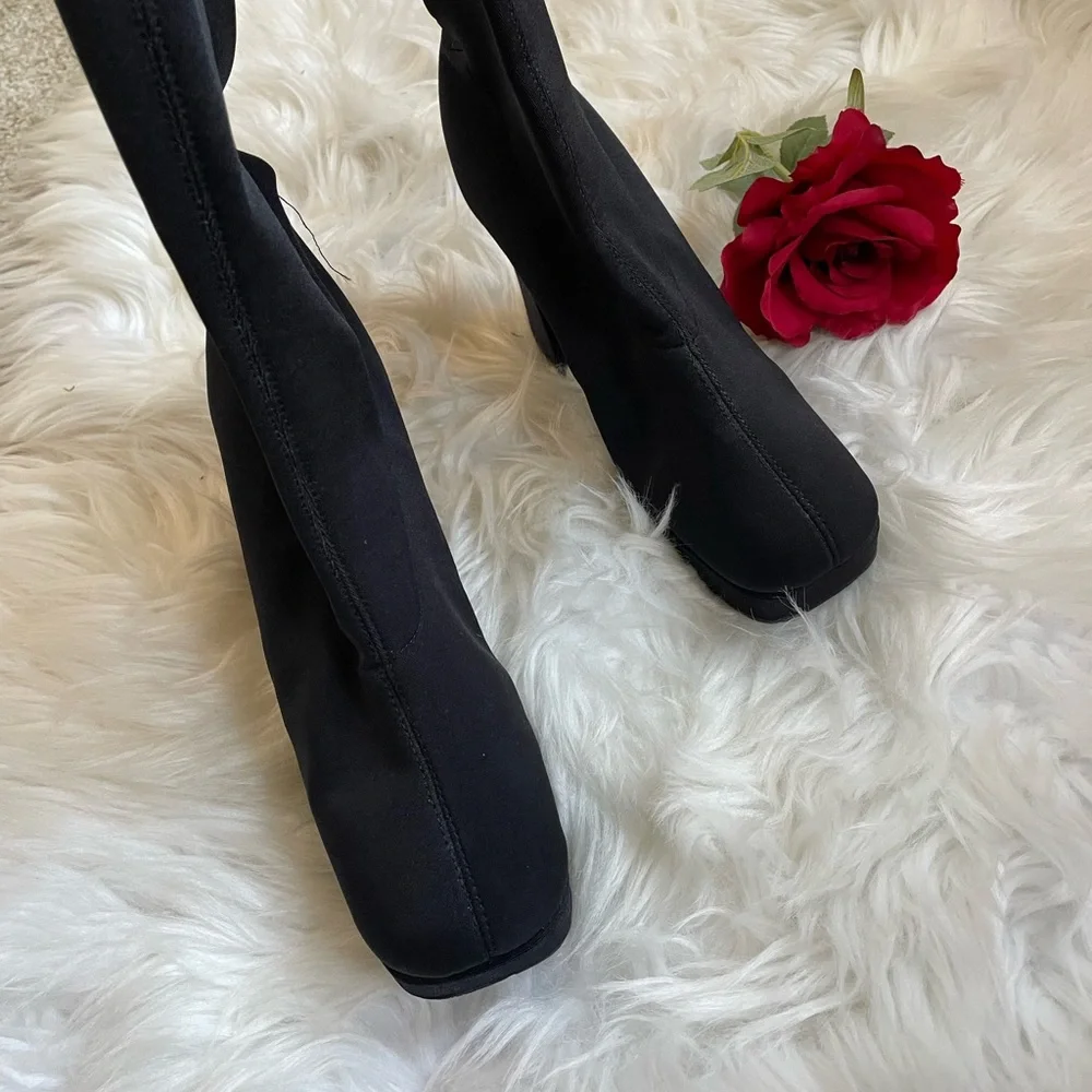 Vintage 90s  Grunge Square Toe stretch fabric/Sock knee-high boots - Picture 2 of 16
